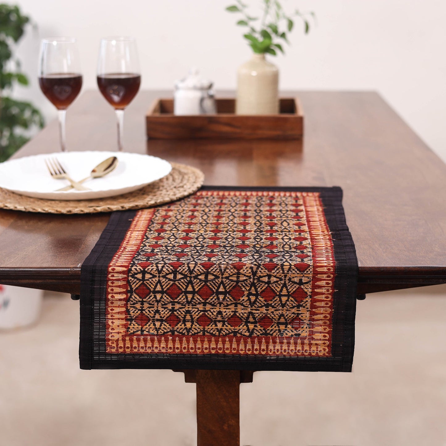 Red Natural Bamboo Bagh Block Printed Dining Table Runner