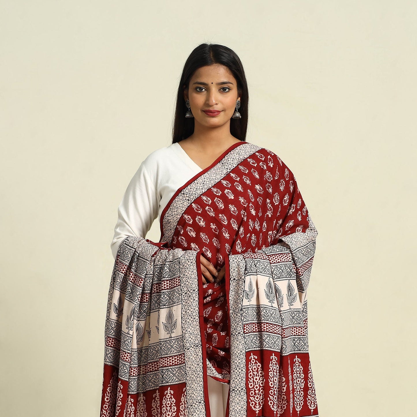 Red Natural Dye Mul Cotton Bagh Print Dupatta