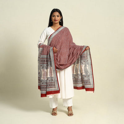  Red Natural Dye Mul Cotton Bagh Print Dupatta