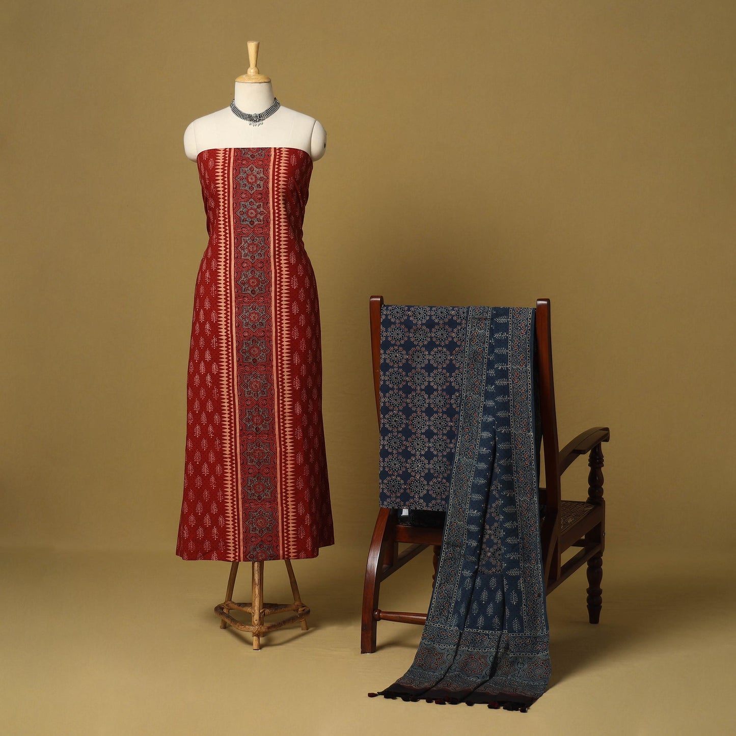 Red - natural dyed 3pc unstitched dress material 01