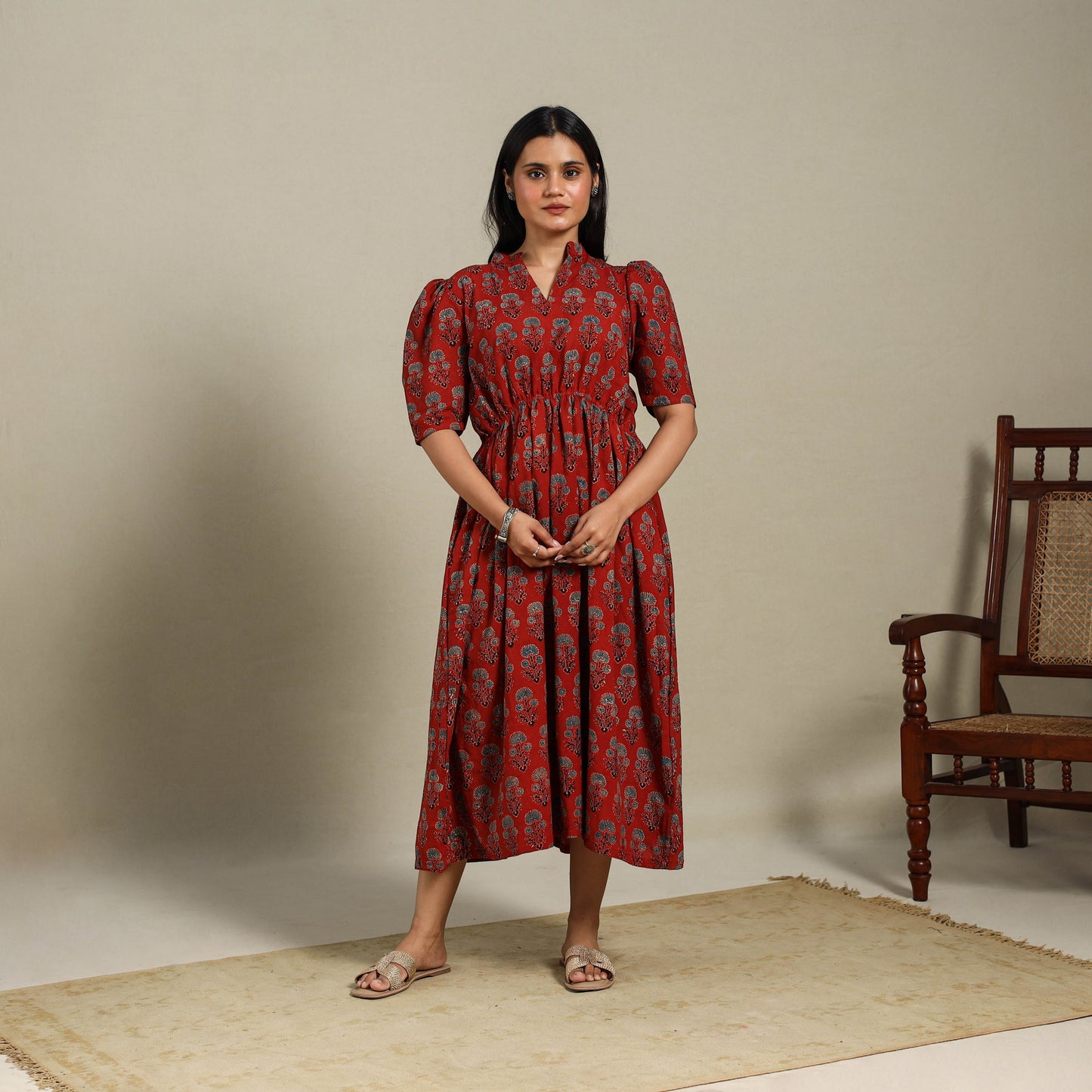 Red - natural dyed cotton fit & flare dress 02 - handcrafted