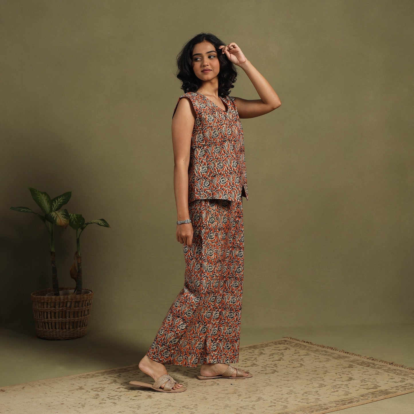 Red Natural Dyed Block Print Cotton Pedana Kalamkari Co-ord Set