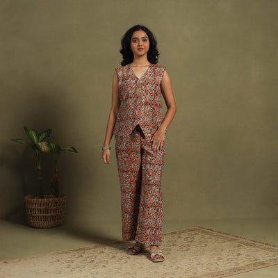 Red Natural Dyed Block Print Cotton Pedana Kalamkari Co-ord Set
