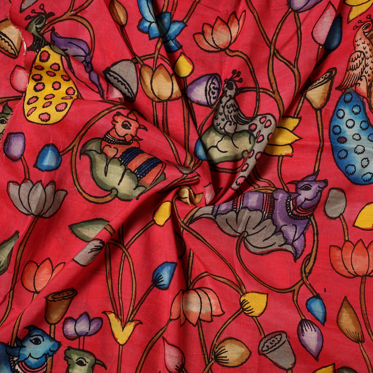 Red - natural dyed chanderi silk handpainted srikalahasti