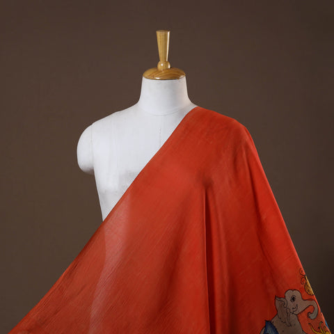 Red - natural dyed chanderi silk handpainted srikalahasti
