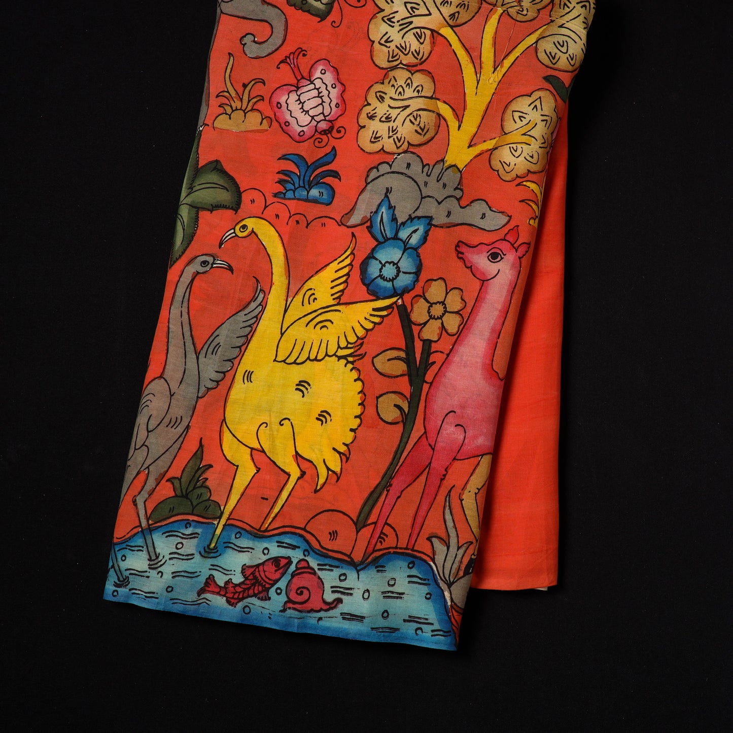 Red - natural dyed chanderi silk handpainted srikalahasti