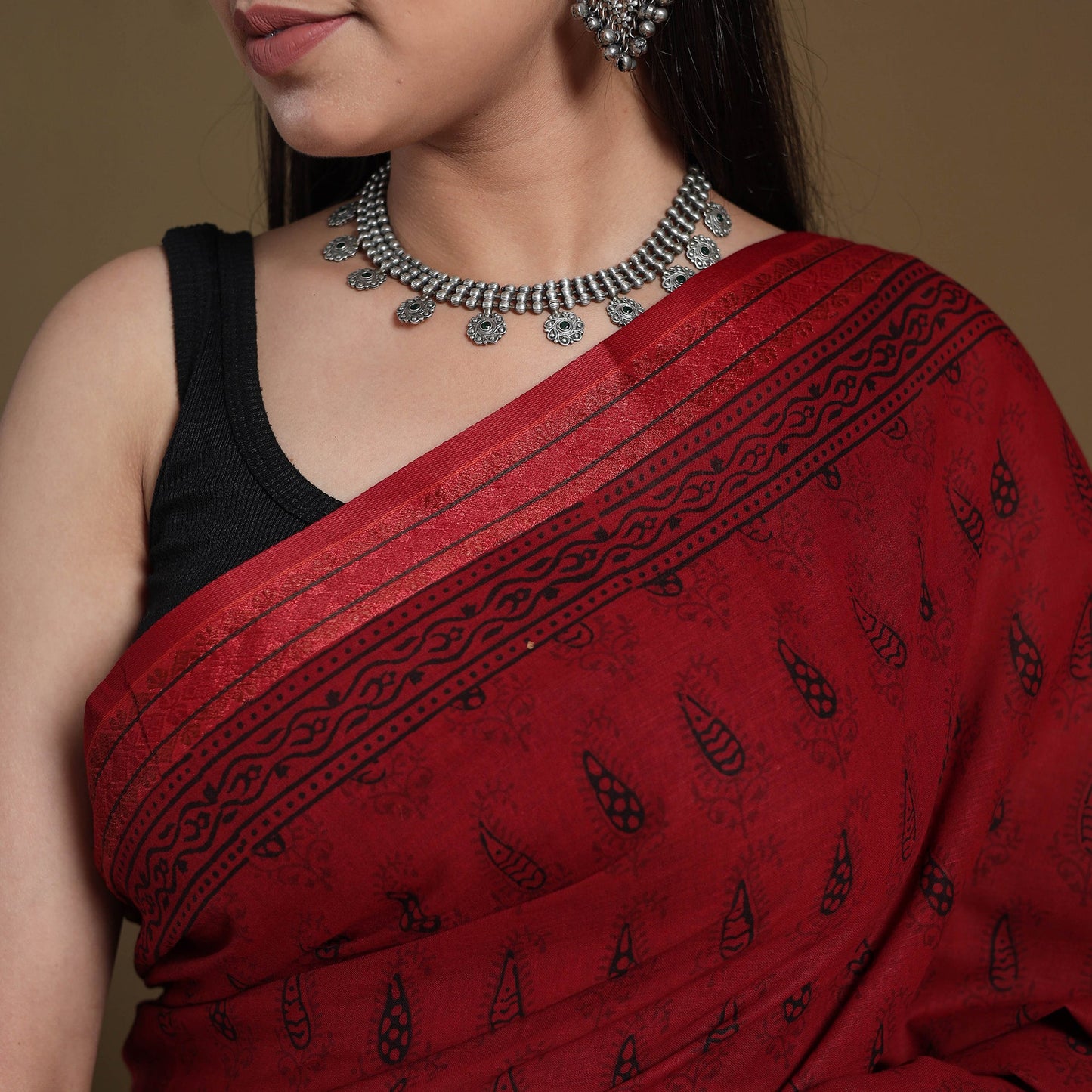 Red Block Print Natural Dyed Cotton Bagh Saree