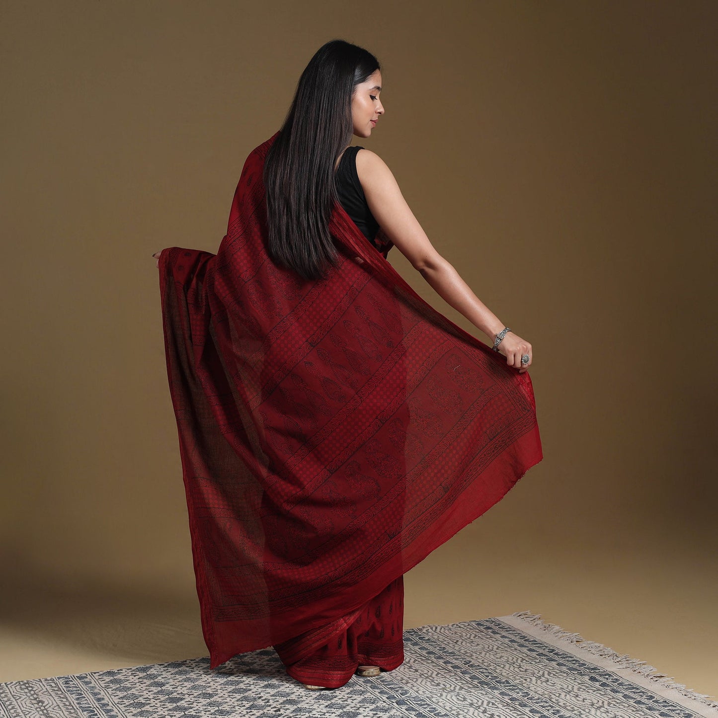 Red Block Print Natural Dyed Cotton Bagh Saree