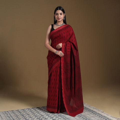 Red Block Print Natural Dyed Cotton Bagh Saree