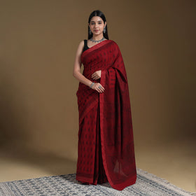 Red Block Print Natural Dyed Cotton Bagh Saree