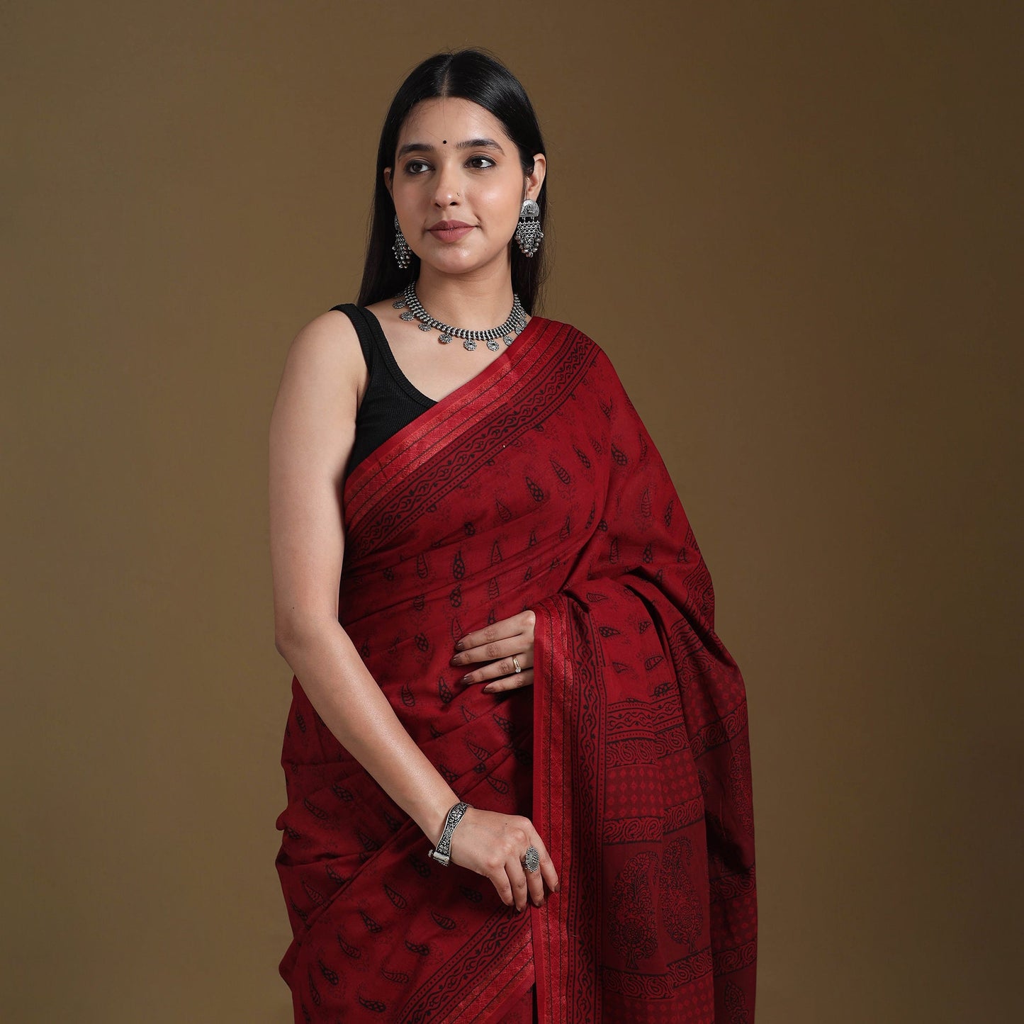 Red Block Print Natural Dyed Cotton Bagh Saree