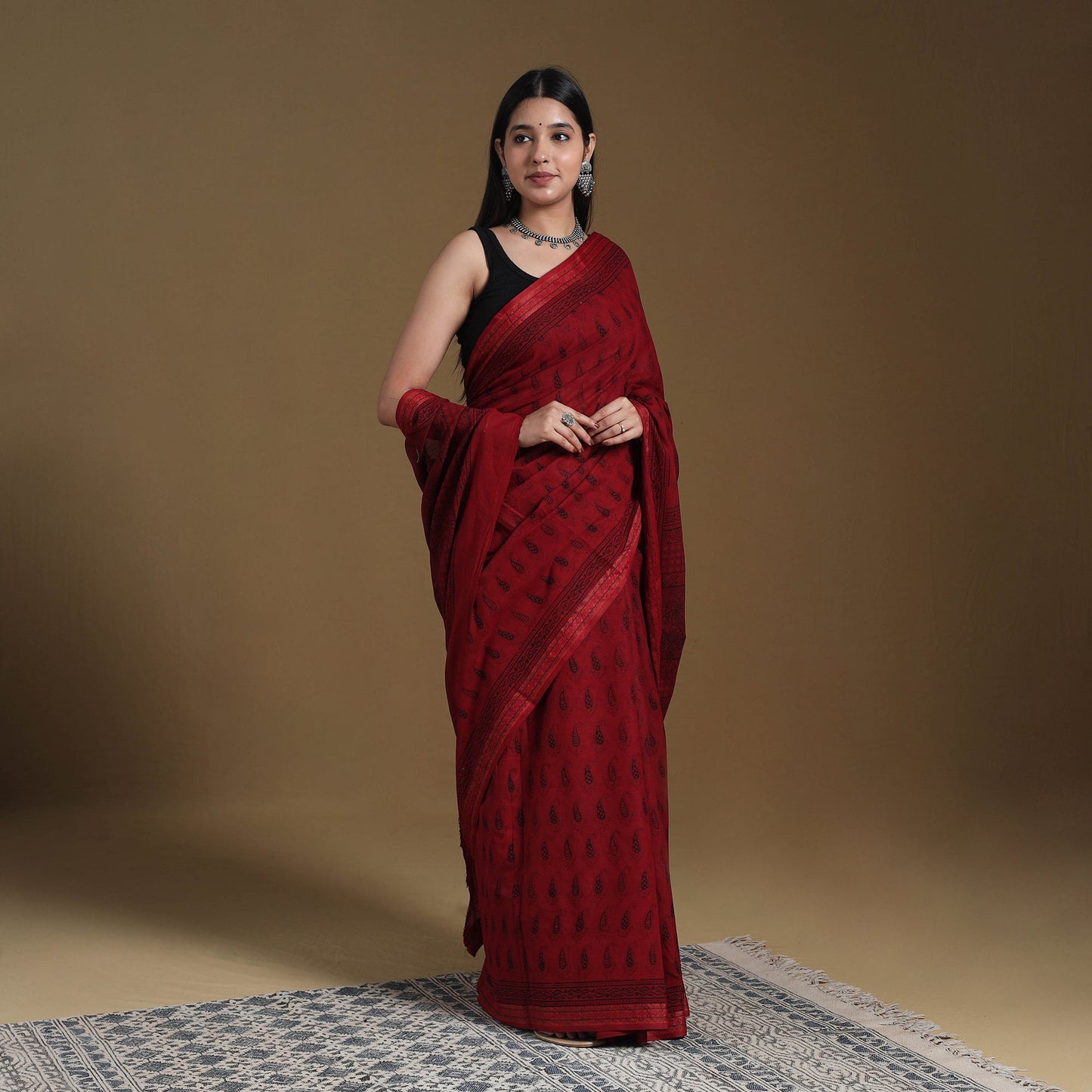 Red Block Print Natural Dyed Cotton Bagh Saree