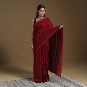 Red Block Print Natural Dyed Cotton Bagh Saree