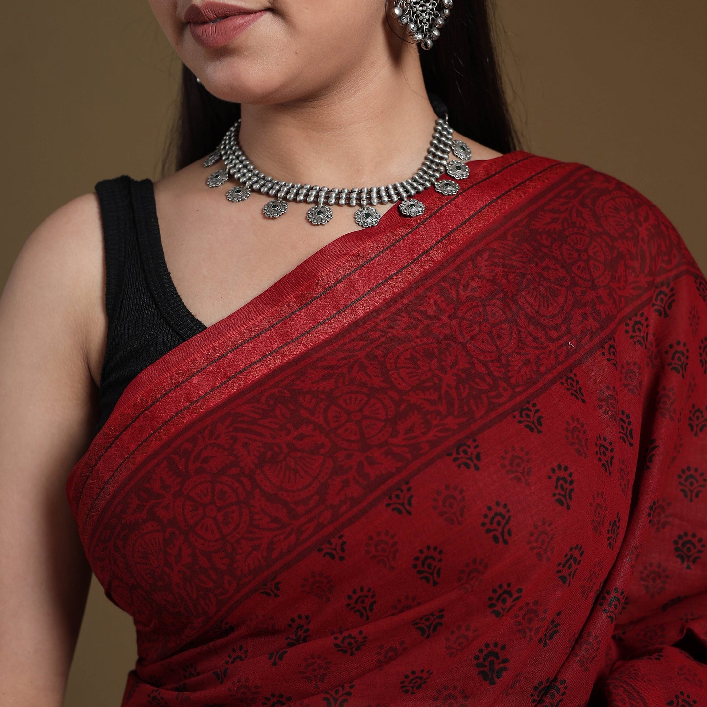 Red Block Print Natural Dyed Cotton Bagh Saree