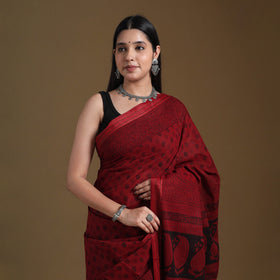 Red Block Print Natural Dyed Cotton Bagh Saree