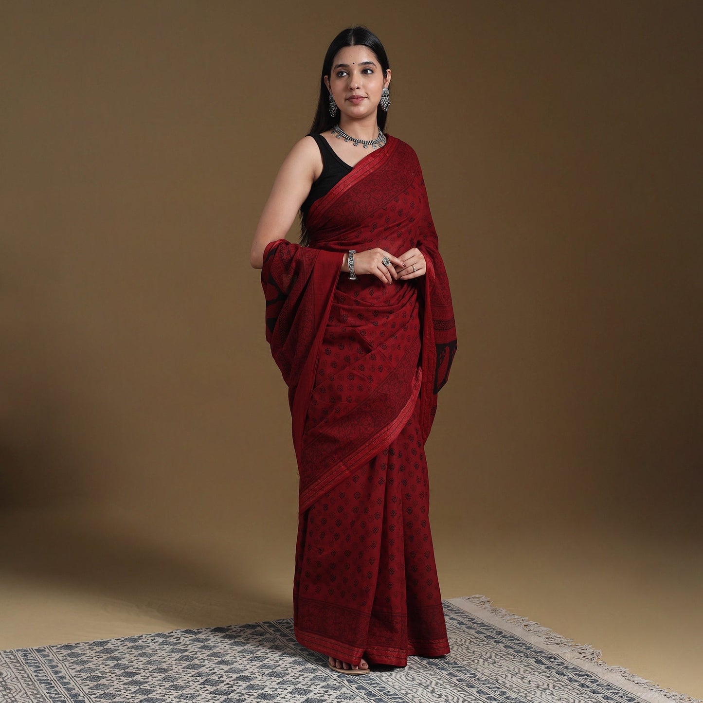 Red Block Print Natural Dyed Cotton Bagh Saree