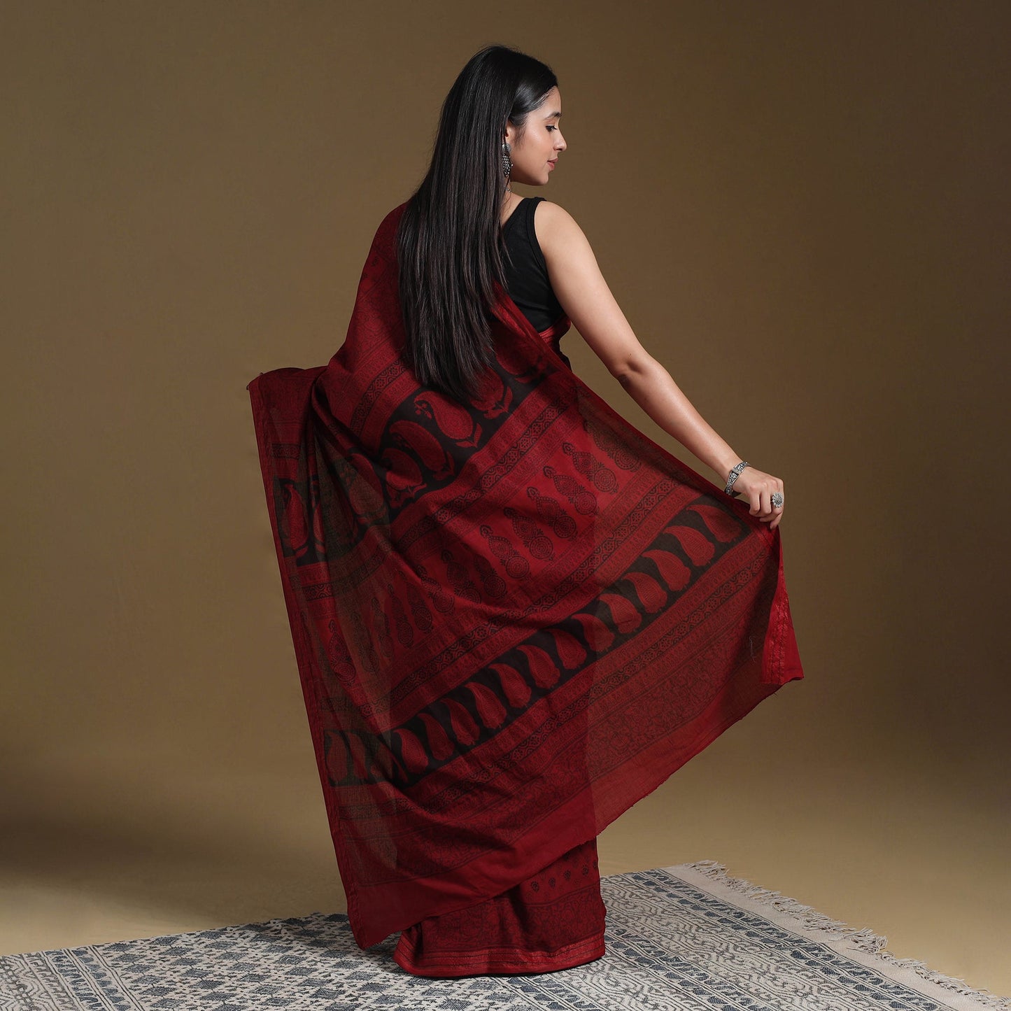 Red Block Print Natural Dyed Cotton Bagh Saree