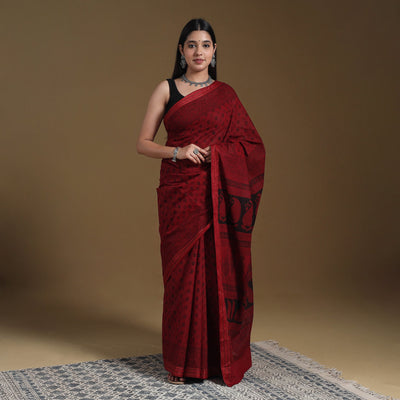 Red Block Print Natural Dyed Cotton Bagh Saree