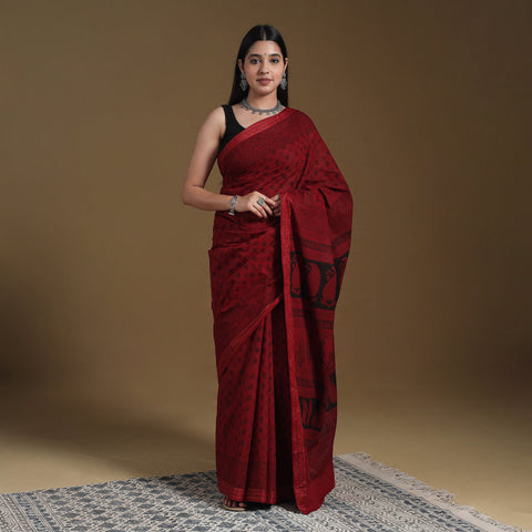 Red Block Print Natural Dyed Cotton Bagh Saree