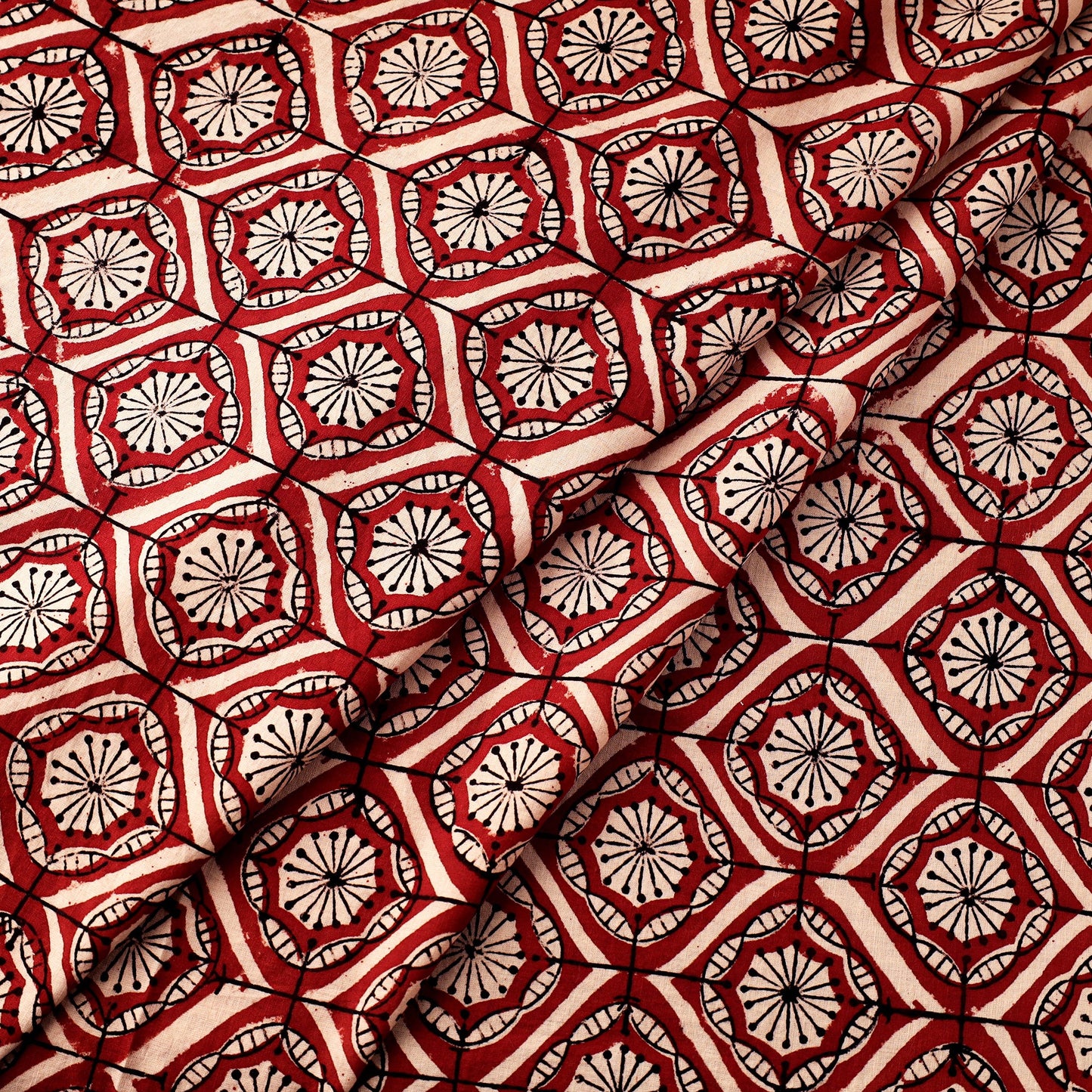 Red Natural Dyed Cotton Bagru Block Print Fabric