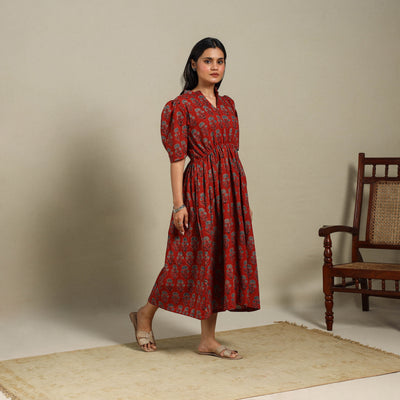 Red - natural dyed cotton fit & flare dress 02 - handcrafted