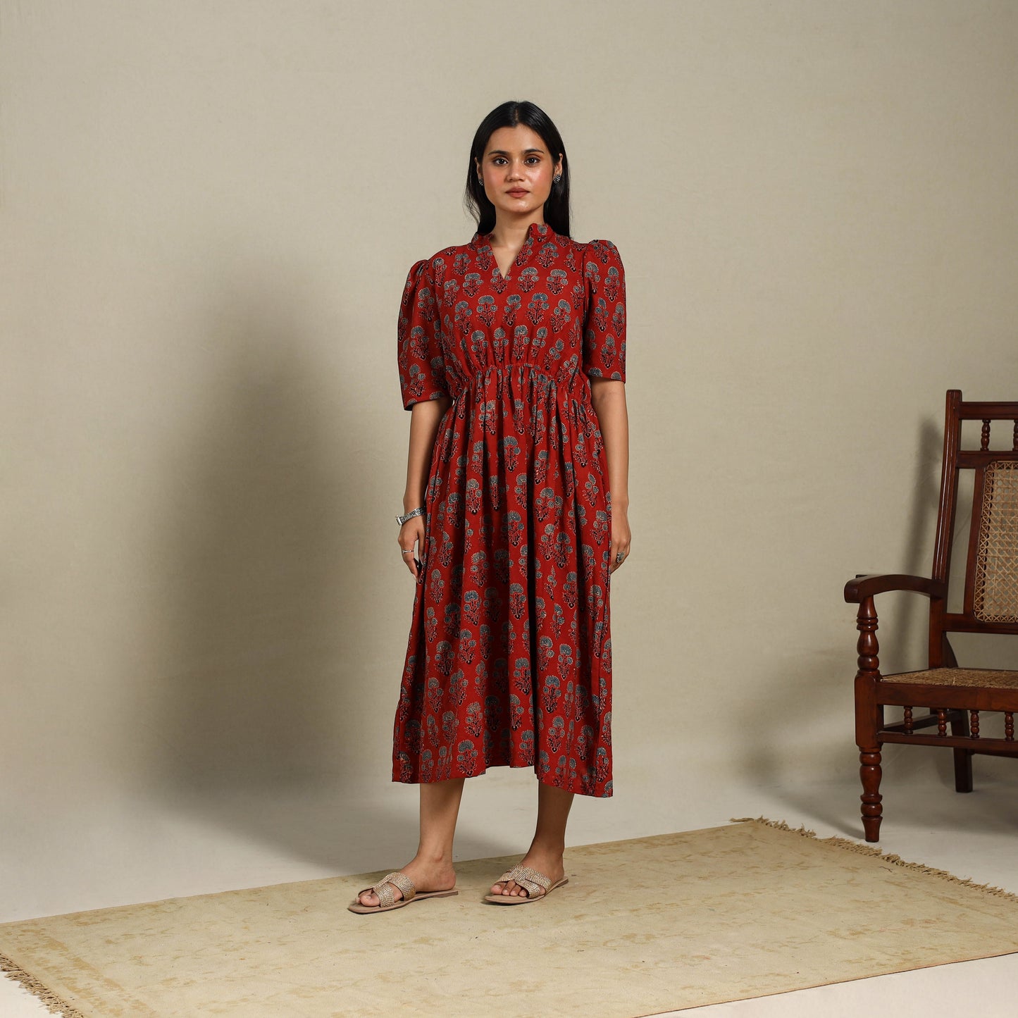 Red - natural dyed cotton fit & flare dress 02 - handcrafted
