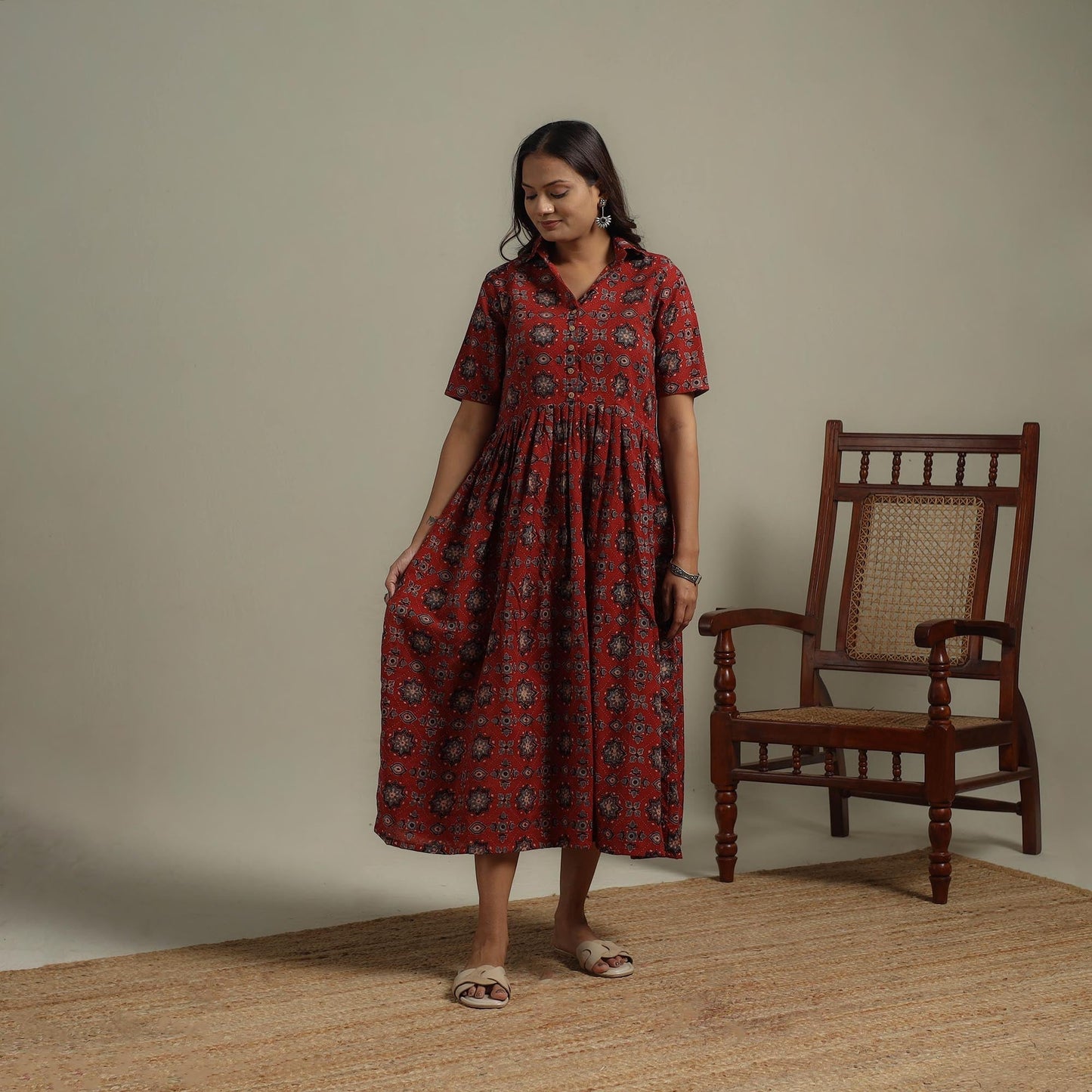 Natural dyed cotton flared dress 08 - handcrafted