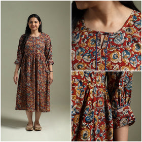 Natural dyed cotton hand block print flared kalamkari dress