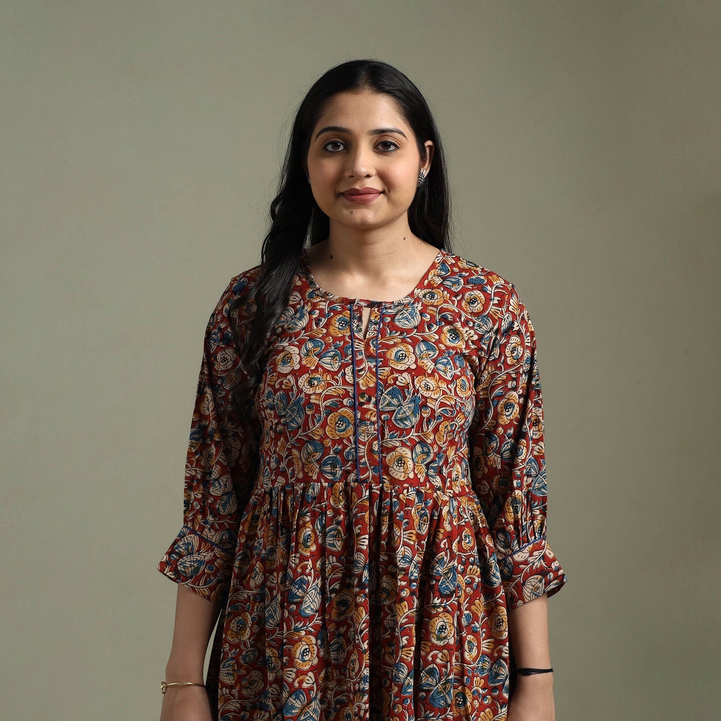 Natural dyed cotton hand block print flared kalamkari dress