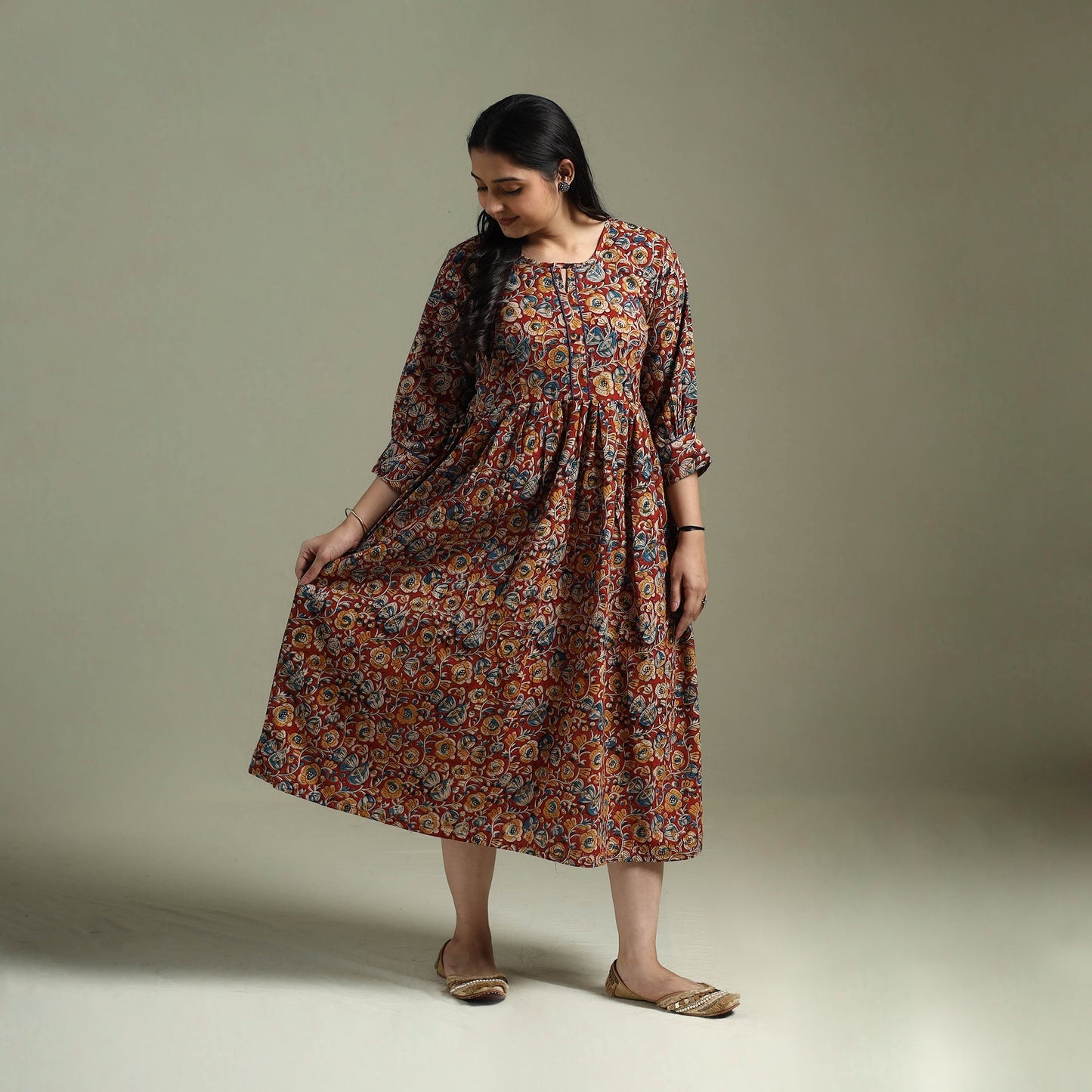 Natural dyed cotton hand block print flared kalamkari dress