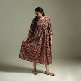 Natural dyed cotton hand block print flared kalamkari dress