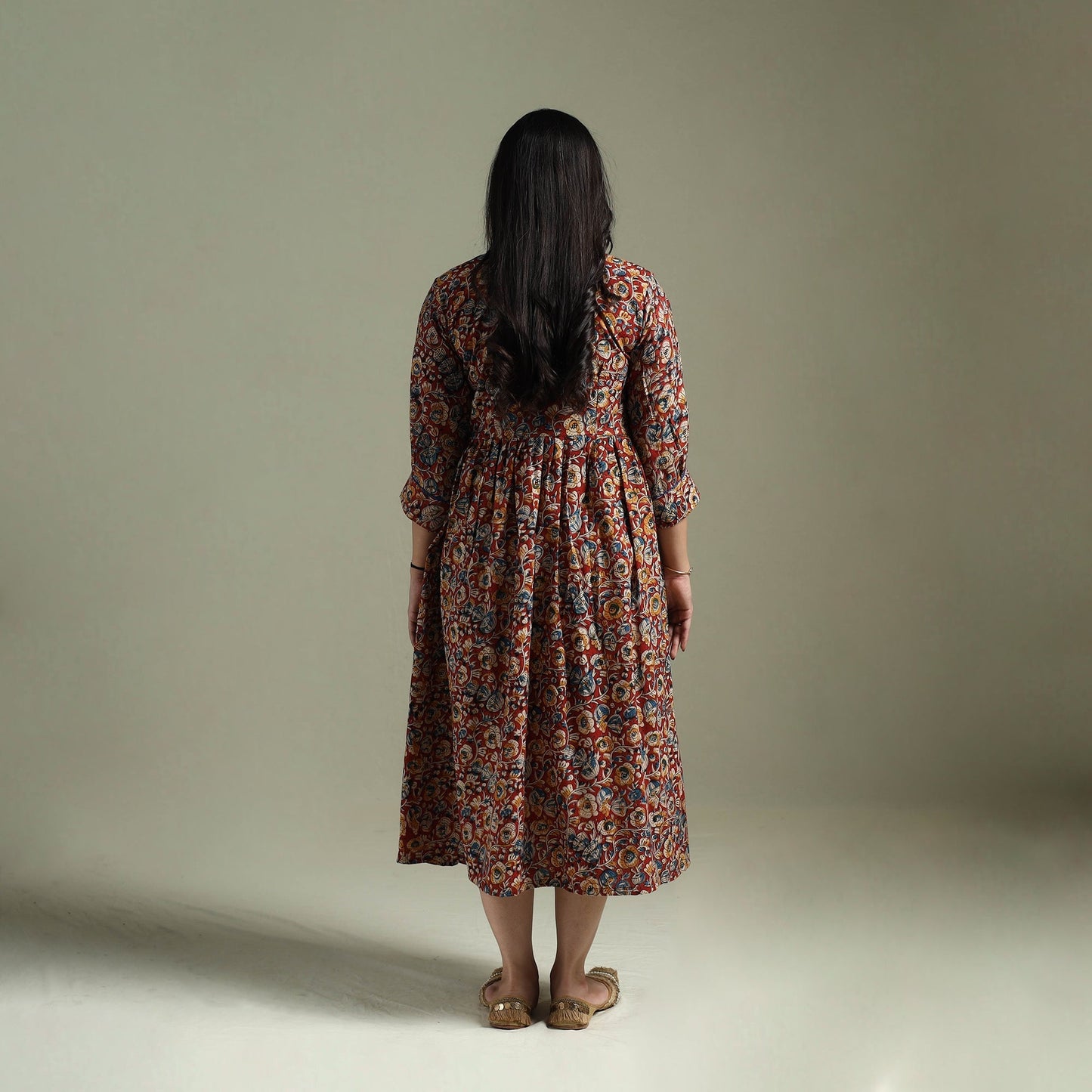 Natural dyed cotton hand block print flared kalamkari dress