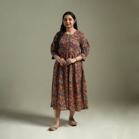 Natural dyed cotton hand block print flared kalamkari dress