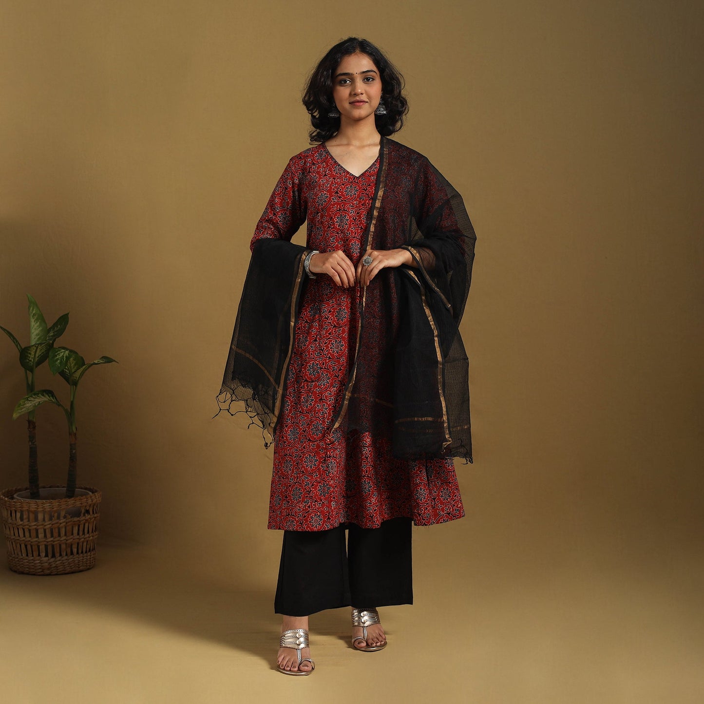 Red Natural Dyed Block Print Cotton Ajrakh Kurta Set (Set of 3)