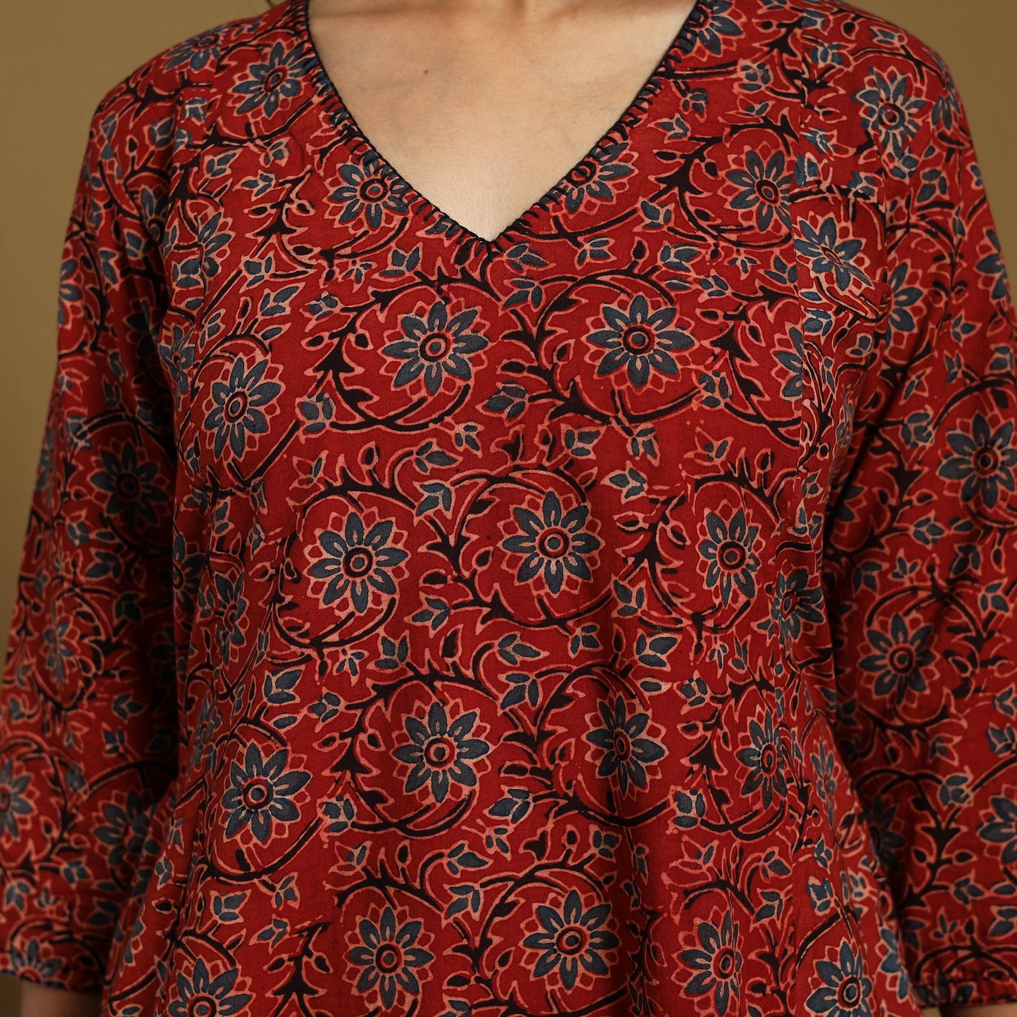 Red Natural Dyed Block Print Cotton Ajrakh Kurta Set (Set of 3)