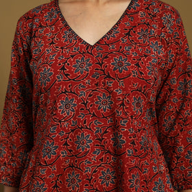 Red Natural Dyed Block Print Cotton Ajrakh Kurta Set (Set of 3)