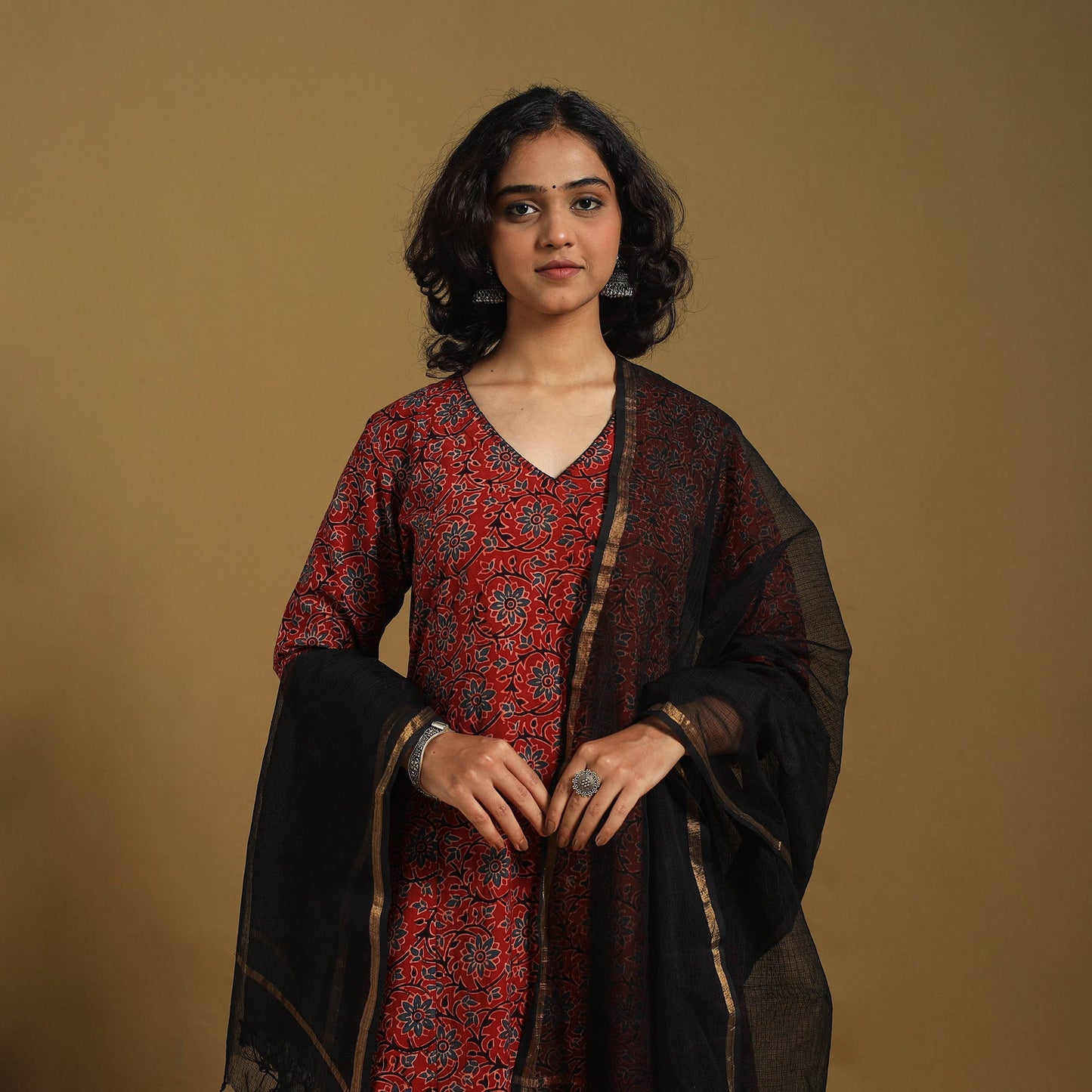 Red Natural Dyed Block Print Cotton Ajrakh Kurta Set (Set of 3)