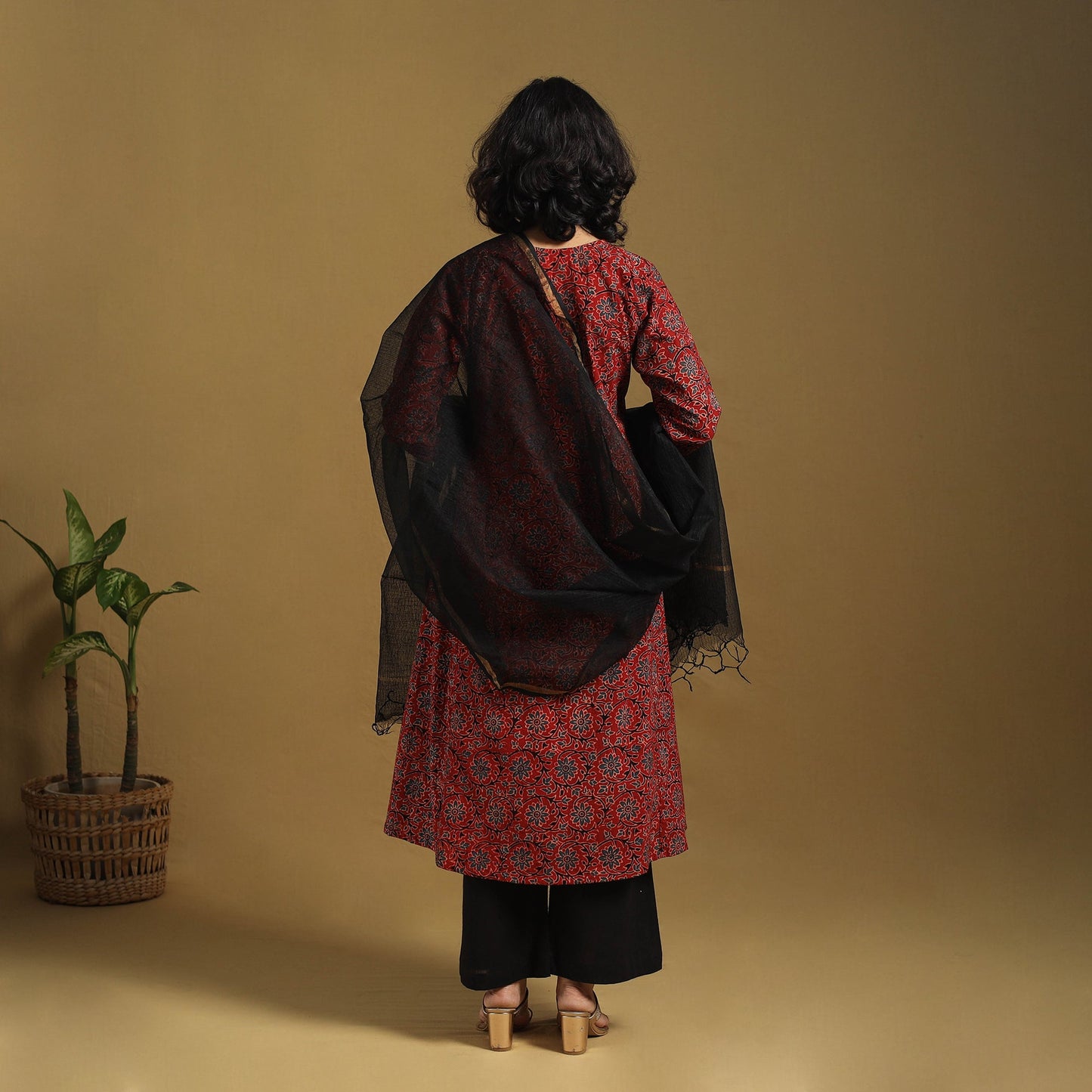 Red Natural Dyed Block Print Cotton Ajrakh Kurta Set (Set of 3)