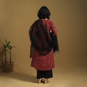 Red Natural Dyed Block Print Cotton Ajrakh Kurta Set (Set of 3)