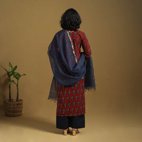 Red Natural Dyed Block Print Cotton Ajrakh Kurta Set (Set of 3)