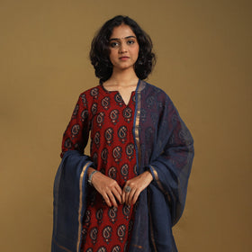 Red Natural Dyed Block Print Cotton Ajrakh Kurta Set (Set of 3)