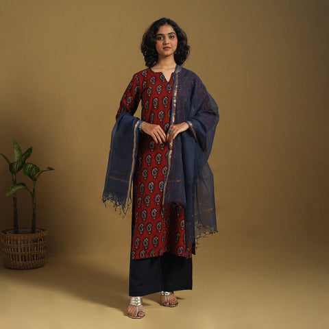 Red Natural Dyed Block Print Cotton Ajrakh Kurta Set (Set of 3)