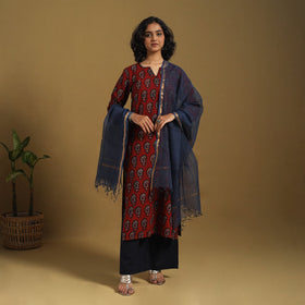 Red Natural Dyed Block Print Cotton Ajrakh Kurta Set (Set of 3)
