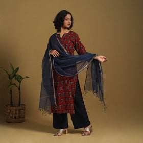 Red Natural Dyed Block Print Cotton Ajrakh Kurta Set (Set of 3)