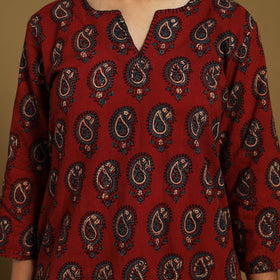 Red Natural Dyed Block Print Cotton Ajrakh Kurta Set (Set of 3)
