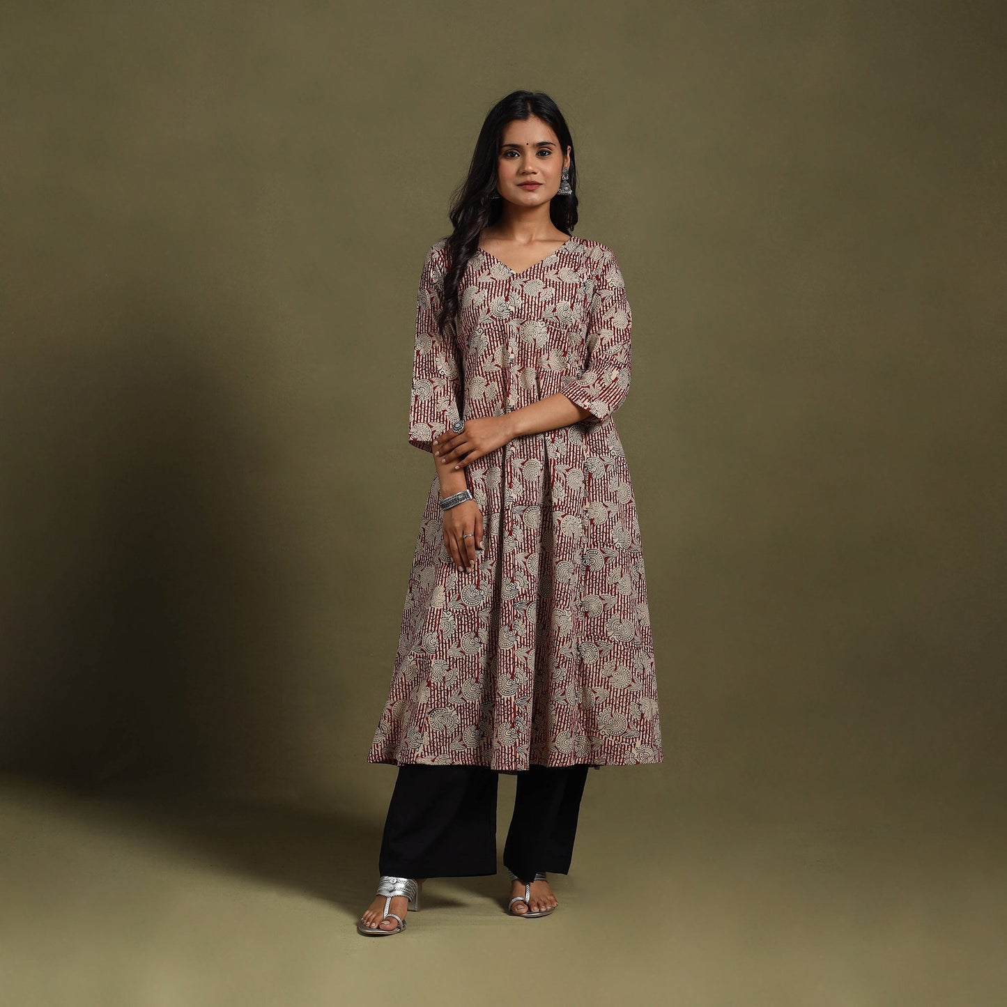 Red - natural dyed cotton a-line bagru kurta 01