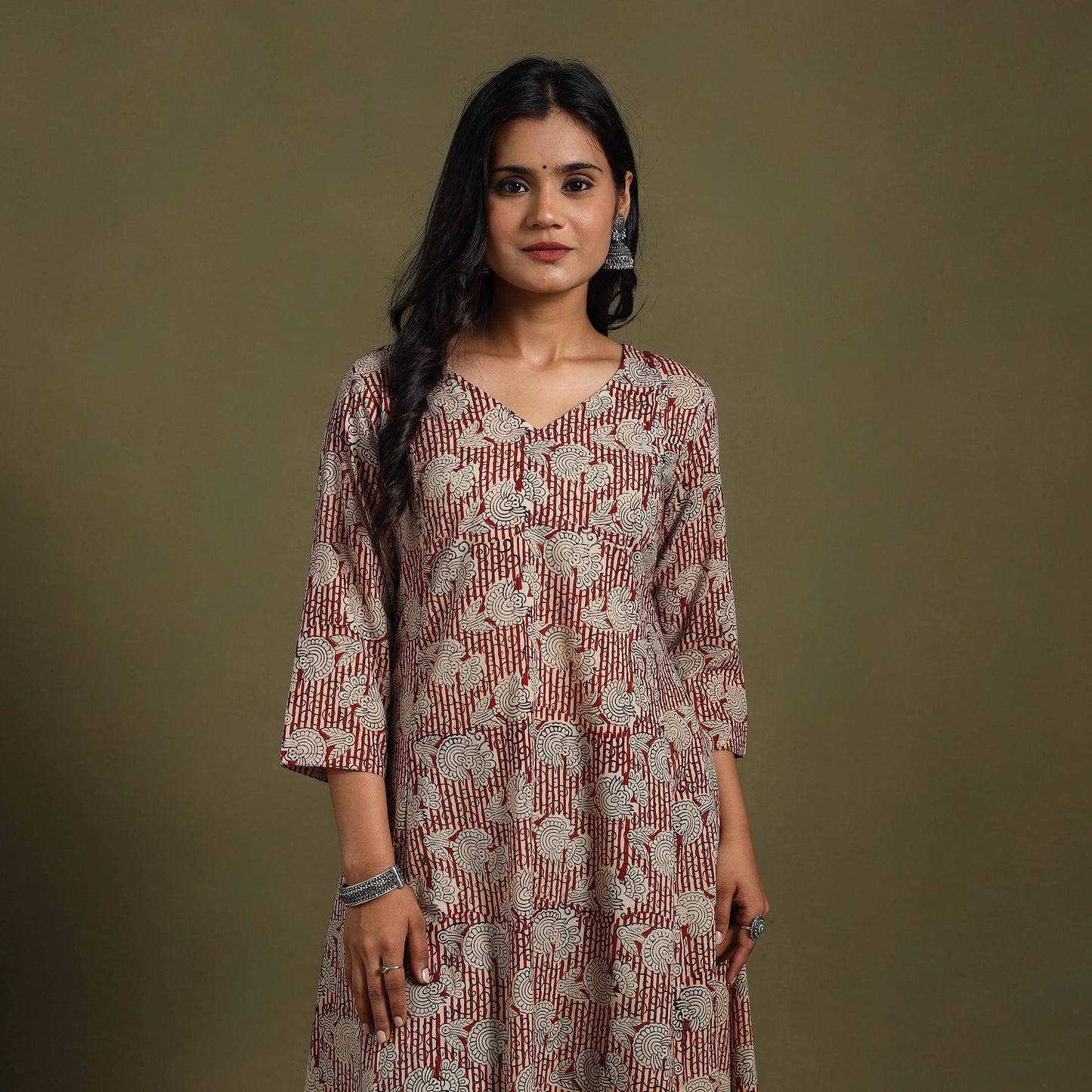 Red - natural dyed cotton a-line bagru kurta 01