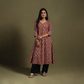 Red Block Print Natural Dyed Cotton A-Line Bagru Kurta