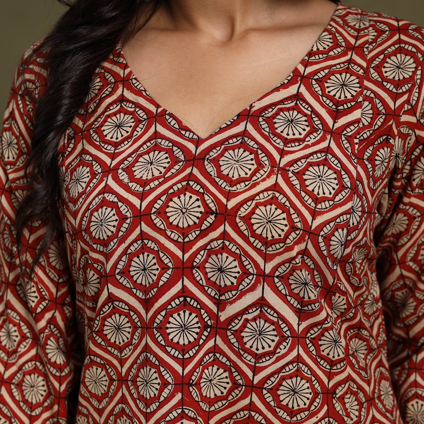 Red Block Print Natural Dyed Cotton A-Line Bagru Kurta