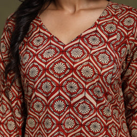 Red Block Print Natural Dyed Cotton A-Line Bagru Kurta